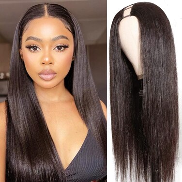 Black Women's Long Dark Brown Straight V/U Part Wig, 22 Inch, Heat Resistant Human Hair, Glueless Clip-on Full Head Wig
