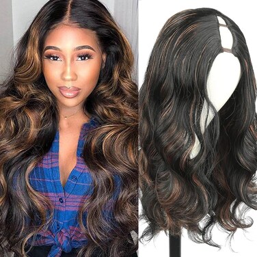 Highlights V Part Wigs for Black Women Highlight Brown Body Wave V Part Wig Ombre Brown Body Wavy Glueless Wig Synthetic Long Wave V Shape Wig 24 Inch for Daily Party Use