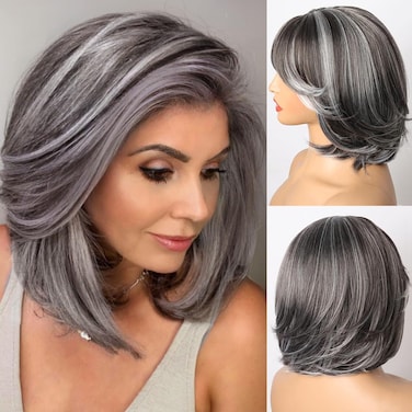 Dark Gray Wig Silver Wigs with Curtain Bangs for Women Highlight Layered Wig Synthetic Short Hair Wig Shoulder-Length Gray Hair Wigs for Daily Party Use 12Inch