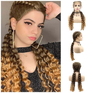 Synthetic Ombre Brown Braid Lace Front Wigs Bouncy Braid Curly Wigs Baby Hair For Women Double Braiding hair Ends Blonde Braided Wigs &hellip;