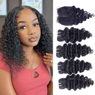 Deep Water Wave Bundles with Closure Brazilian Deep Short Bob Curly Human Hair 4 Bundles with 4x4x1 Middle Part Lace Closure Wet and Wavy Bundles with Lace Closure 50g/bundle(10 10 10 10+10)