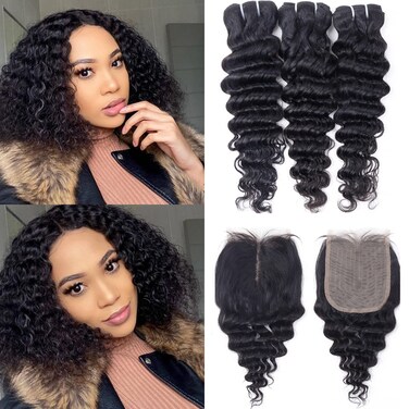 Deep Wave Bundles with Closure 10A Brazilian Deep Water Curly Weave Human Hair 3 Bundles with 4x4x1 Closure Wet and Wavy Short Bob Curly Hair Weft and Closure 70g/bundle(10 12 14+10)