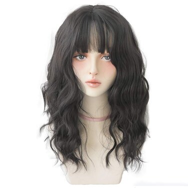 Wavy wigs with Bangs for women Party Wigs Natural Looking Heat Resistant Fiber Hair Color Wavy hair osplay Daily Part Wig for Women Full Hair Straight Wigs (Black brown)