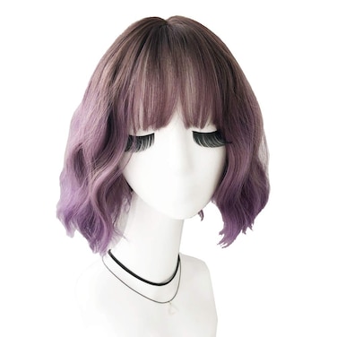 Ombre Color Natural Wavy Bob Wig With Air Bangs Short Bob Wigs Women's Curly Wigs Purple Wavy Synthetic Hair Cosplay for Girl Colorful Wigs (Smoky purple)
