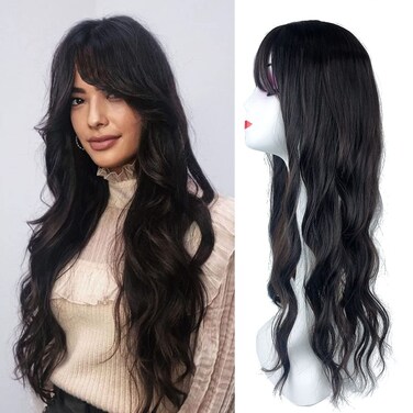 Long 55cm Nature Loose Wavy Hair Topper One Piece Clip in Hairpiece Middle Part With Blunt Bangs Snythetic Wig Off Black