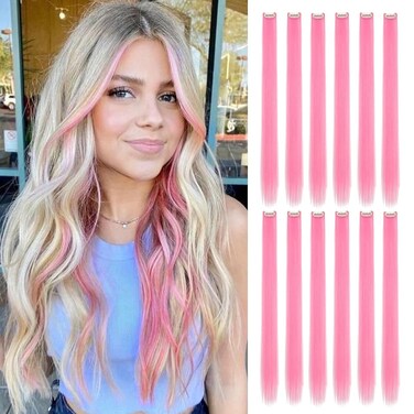 12 PCS Colored Pink Hair Extensions Clip in Hair Extensions Colorful 24 Inch Straight Synthetic Hairpiece Colored Hair Extensions for Kids Girls Women Party Highlights