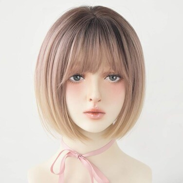 Blonde Short Bob Wig Straight Rose Golden Bob Wig with Bangs Synthetic Straight Bob Wig for Women Natural Looking for Daily Use (Rose Gold)