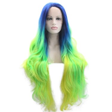 Melody Blue to Green Yellow 3T Ombre Wigs Natural Silky Straight Synthetic Lace Front Wigs for Women Heat Resistant Fiber Hair 24 inch