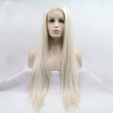 Long Blonde Straight Lace Front Wigs #60 Platinum Blonde Natural Heat Resistant Synthetic Hair Half Hand Tied Wigs Pre Plucked 150% Density