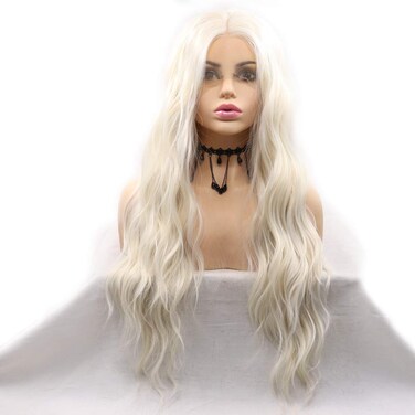 Melody 60# White Synthetic Lace Front Wigs Middle Part Loose Wave Wigs for Women 180% Density Half Hand Tied Heat Resistant Fiber Hair Gift 24''