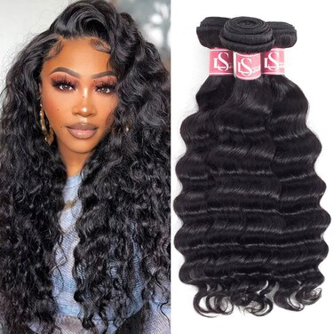 Hair Extension, 3 Bundles 10" 12" 14" 10A Virgin Brazilian Wet &amp; Wavy Deep Curly Human Hair Weave Bundles, Natural Black