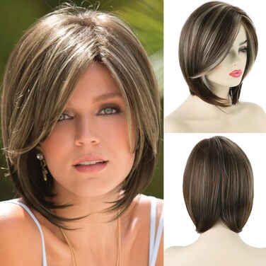XIUFAXIRUSI XIUFAXIRUSI Short Brown Bob Wigs for White Women Shoulder Length Brown Highlights Straight Wig with Side Bangs Natural Looking Synthetic Hair Wig