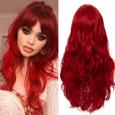Red Wigs with Bangs Womens Long Red Hair Curly Wavy Synthetic Silky Hair Wigs Cosplay Halloween and Daily Use