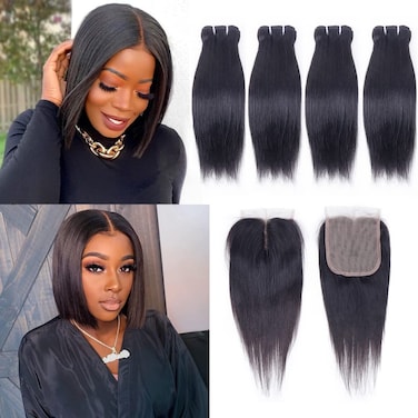 Brazilian Straight Hair Bundles with Closure(10 10 10 10+10) Straight Human 4 Bundles with Closure 50g/pc 10A Unprocessed Straight Short Bob Virgin Hair Bundles with 4x4x1 Lace Closure