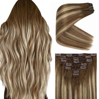 Ve Sunny Clip in Hair Extensions Brown Human Hair Clip in Extensions for Women Clip in Extensions Real Human Hair Chestnut Brown Balayage Platinum Blonde Easy to Wear 7pcs 20inch 120g