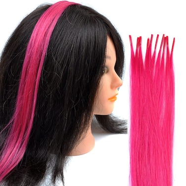 10 Strands/lot Highlights Hair Extensions, Colored I Tip Human Hair Extension For Women Girls With Tools (20INCH, Rose Pink)