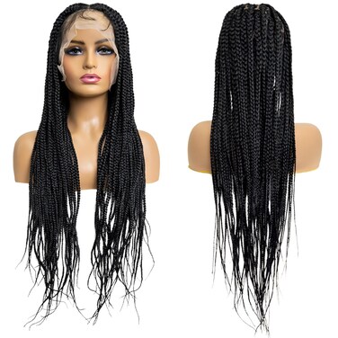 PIB 24" Single Full Lace Knotless Box Braid Wig Square Parted Braided Wigs for Black Women with Natural Baby Hair (1, Jet Black)