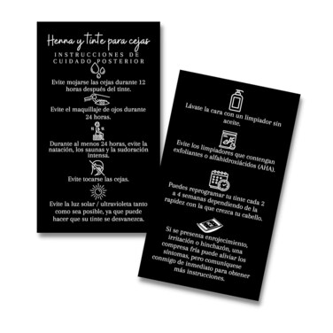 SPANISH Brow Tint &amp; Henna Aftercare Card   Henna y Tinte Para Cejas   50 Pack   Size 2x3.5&rdquo; inches Business Card   Starter Lift Kit with Tint at home diy supplies   Black with White Design