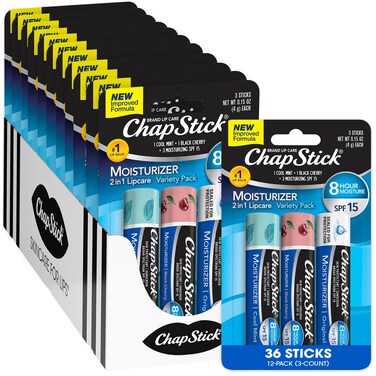ChapStick Lip Moisturizer, Variety Pack 2-in-1 Lipcare SPF 15 3-Packs (12 Sets/36 Tubes) - Bulk Lip Balm, New Improved Formula, 0.15 Oz Ea