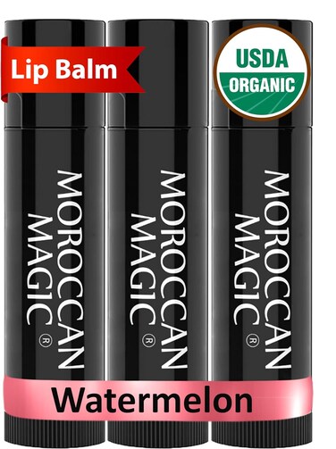 Organic Moroccan Magic Lip Balm 3 Pack   Watermelon Lip Balm Set   Chapsticks for Dry Lips   Made with Natural Argan, Essential Oils Lip Moisturizer and Vitamin E   Smooth Application, Non-Toxic