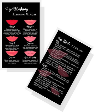 Lip Blush Stages of Healing &amp; Aftercare Instructions Cards   Package of 50   Double Sided Size 2 x 3.5" inches Business Card   Black with Red Lips Design