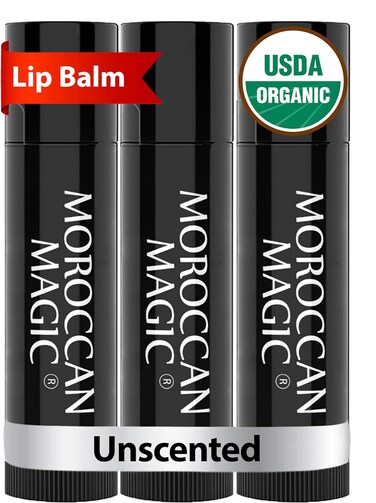 Organic Moroccan Magic Lip Balm 3 Pack   Original Unscented Lip Balm Set   Chapsticks for Dry Lips   Made with Natural Argan, Essential Oils Lip Moisturizer and Vitamin E   Smooth Application