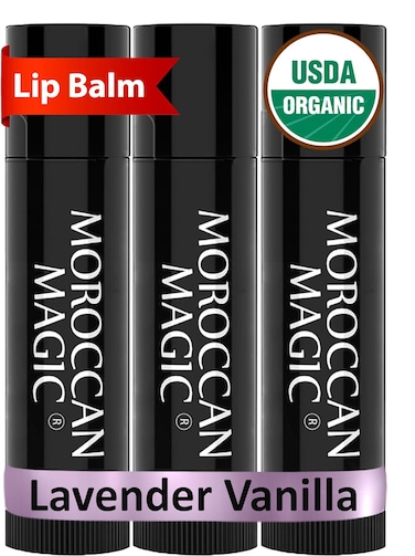 Moroccan Magic Organic Lavender Vanilla Lip Balm 3 Pack   Chapsticks for Dry Lips   Natural Argan &amp; Essential Oils Lip Moisturizer + Vitamin E   Smooth, Hydrating, Non-Toxic   Organic Lip Balm Set