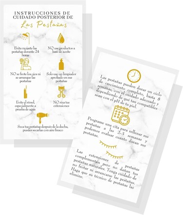 Spanish Lash Aftercare Instructions   50pk   Cuidado Posterior de la Extensi&oacute;n de Pesta&ntilde;as   2 x 3.5&rdquo; inch Card for clients   Eyelash Extension Supplies marble gold beautiful, 2-3 week refills fillers
