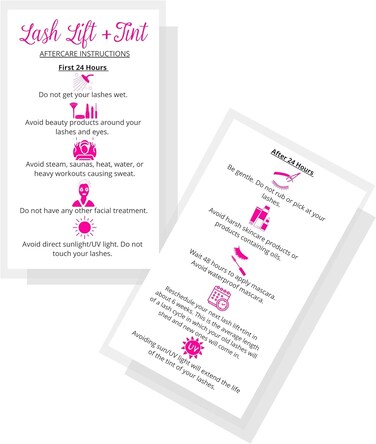 Lash Lift + Tint Aftercare Instruction Cards   50 Pack   2 x 3.5&rdquo; inches Business Card Size   Eyelash Lift and Tint Kit at Home DIY aftercare Supplies   White with Pink Icon Design