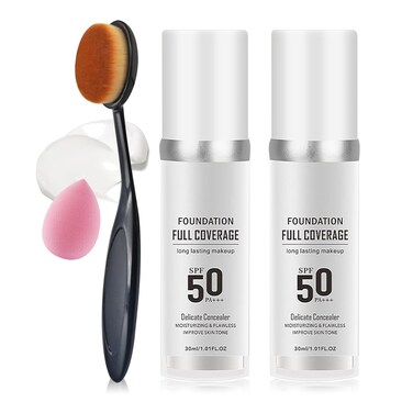 2PCS Color Changing Foundation Makeup Set, Full Coverage Liquid Makeup Foundation with Brush, Moisturizing Oil Control Foundation Color Changing Makeup, Waterproof Matte Concealer with Makeup Sponge