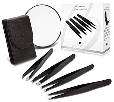 Brilliant Beauty 4-Piece Professional Tweezer Set with Case &amp; Mirror by Precision Tweezers Kit Slant, Pointed, Curved &amp; Flat Tips for Eyebrow, Ingrown Hair, Splinter Removal, Black, 1 Count