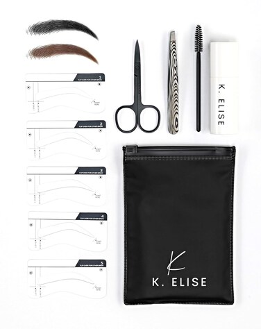 Eyebrow Stamp Stencil Kit w/Free Eyebrow Shaping Tweezer, Spoolie and Scissors Included  Perfect Eyebrow Stencil Kit for One Step Eyebrow Shaping   Waterproof and Long Lasting Powder Finish (Brown)