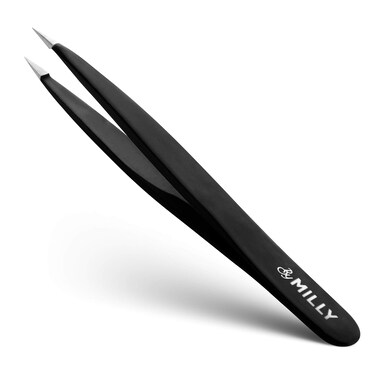 Pointed Tweezers   High Carbon Stainless Steel Needle Nose   Fine Point Precision Hair Removal   Perfectly Aligned &amp; Hand-Filed Sharp   Black