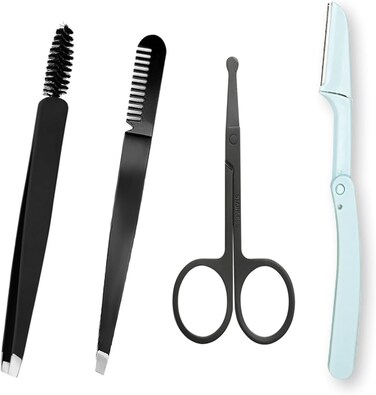 Eyebrow Tweezer Set 4 in 1 Eyebrow Kit,Pro Eyebrow Grooming Set, Eyebrow Trimmers Set Including Eyebrow Razor,Trimmer, Brush, Eyebrow Scissors,Tweezers for Facial Hair, Splinter &amp; Ingrown Hair Removal