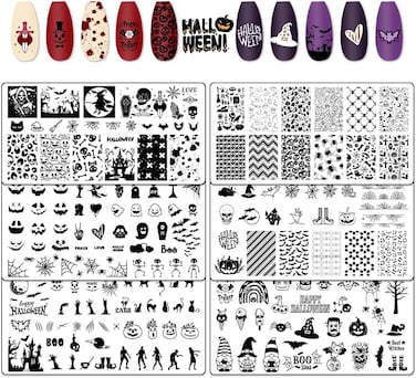 Hying 6pcs Halloween Nail Art Stamping Plates for Women Nail Art, Stainless Steel Jack-o'-Lantern Skull Nail Plates Template Set for DIY Halloween Decoration Spooky Spiderweb Stamp Templates Kit