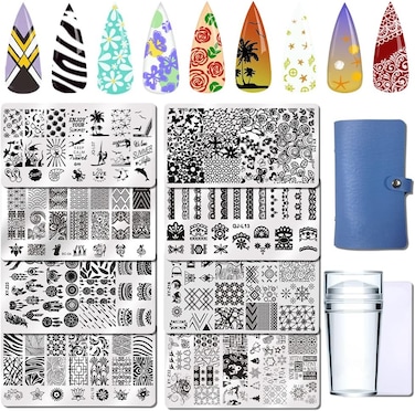 Nail Stamping Set 8pcs Templates 1 Storage Bag 1pcs stamper 1pcs scaper 1 Storage Bag Nail Art Plates set Christmas Animal Flower Butterfly Lace Holiday design