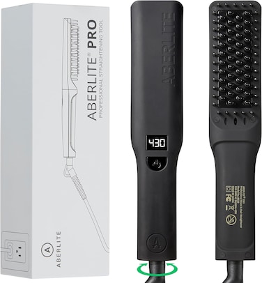 Aberlite Pro (Upgraded) - Professional Beard &amp; Hair Straightener - Pain-Free Anti-Scald Comb Tooth - Advanced Ionic Conditioning - Beard Straightener Heated Brush Comb- for All Beard Types, Black