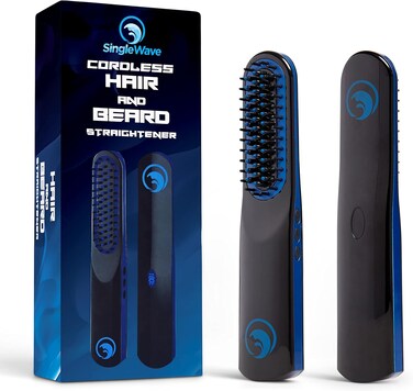Beard Straightener, New Improved Charging Cable(USB C), Cordless Beard and Hair Straightening Comb, Rechargeable, Portable, and Durable. Beard comb for men, Grooming Accessory for Men (Black and Blue)