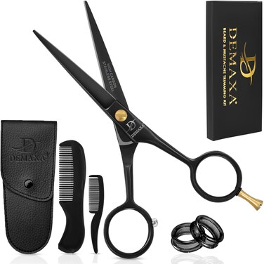 5" Professional Beard Mustache Scissors with 1 Mustache Comb, 1 Beard Comb &amp; Soft Pouch &ndash; Prefect Beard Trimming Scissors for All Facial Hair Scissors &ndash; Grooming Scissors Men (Black)