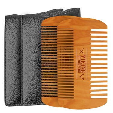 Viking Revolution Wooden Beard Comb &amp; Case, Dual Action Fine &amp; Coarse Teeth, Perfect for use with Balms and Oils, Top Pocket Comb for Beards &amp; Mustaches (2 Pack)