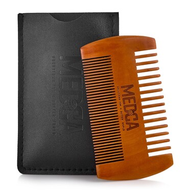 Wooden Beard Comb With Leather Case - Handcrafted Solid Beechwood Beard, Mustache and Head Hair Pocket Combs for Men Dual Action Fine &amp; Coarse Teeth Perfect for Conditioner Oils and Beard Balms