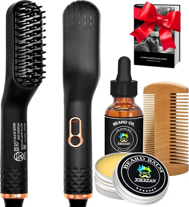 Beard Straightener w/Beard Balm &amp; Beard Growth Oil &amp; Beard Guide E-Book,Upgraded 3 in 1 Hair Straightener Brush Beard Straightening Comb,Unique Stocking Stuffers Gifts for Men Him Husband