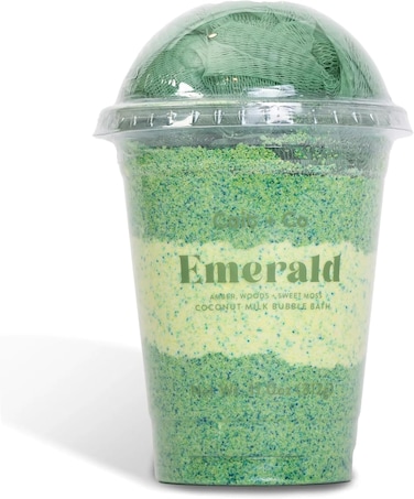 Plant Based Bubble Bath with Mesh Shower Loofah, Coconut Milk Recipe, Amber and Moss Scent, Emerald