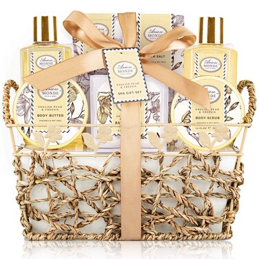 Bath &amp; Shower Spa Gift Basket Set, with English Pear &amp; Freesia Fragrance Bath Gift Basket for Women &amp; Men Includes Body Lotion, Shower Gel, Bath Salts, Bubble Bath, Body Scrub and More, 9 Pcs