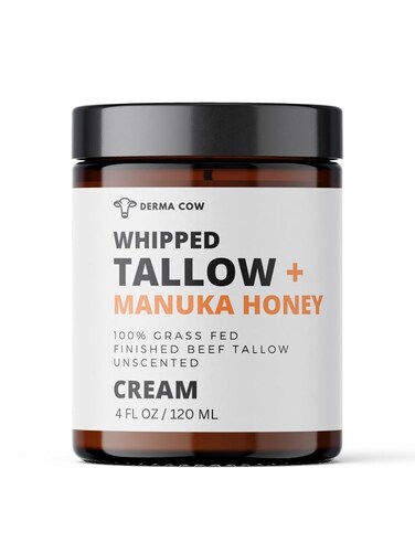 Whipped Tallow Cream + Manuka Honey, 100% Grass Fed Beef Tallow Cream for Face + Body, Moisturizer Skin Care, All Natural Lotion for Sensitive skin, Unscented - 4 oz