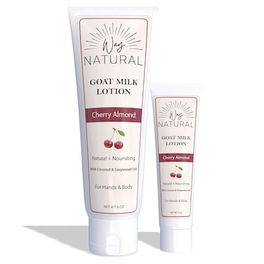 Goat Milk Lotion, Home &amp; Away, Cherry Almond - Creamy, Dry Skin Relief, Hand &amp; Body Lotion - Real Goat Milk Hand Cream for Women and Men - Cherry Almond Lotion, 8oz &amp; 2oz Tube