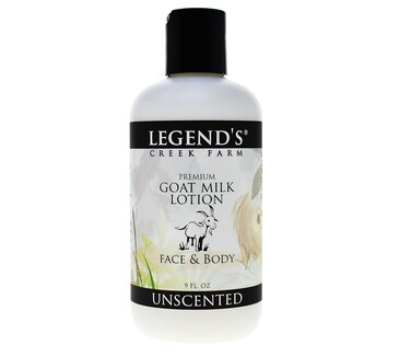 Legend's Creek Farm Goat Milk Lotion - Moisturizing Goat Milk Body Lotion for Body, Hand &amp; Face - 9 oz Body Moisturizer with Shea Butter, Sunflower Oil, Aloe, Handmade in USA (Unscented L.)