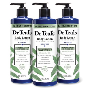 Dr Teal's Body Lotion, Cannabis Sativa Hemp Seed Oil &amp; Essential Oils, 18 oz (Pack of 3)