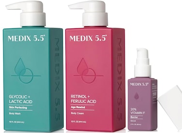 Medix 5.5 Anti Aging Skin Care 3PC Set, Retinol Body Cream + Exfoliating AHA Glycolic Acid Foaming Face &amp; Body Wash + Vitamin F Booster Serum, Wash + Treat + Hydrate Skincare Set