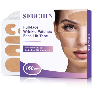 Wrinkle Patches, 160 PCS Face Tape, Pre Cut Kinesiology Full Face Tape for Wrinkles, V Line, Forehead, 11's, Frown, Eye, Lip - Neck Wrinkle Pads, Overnight Used High Elastic Facial Tape